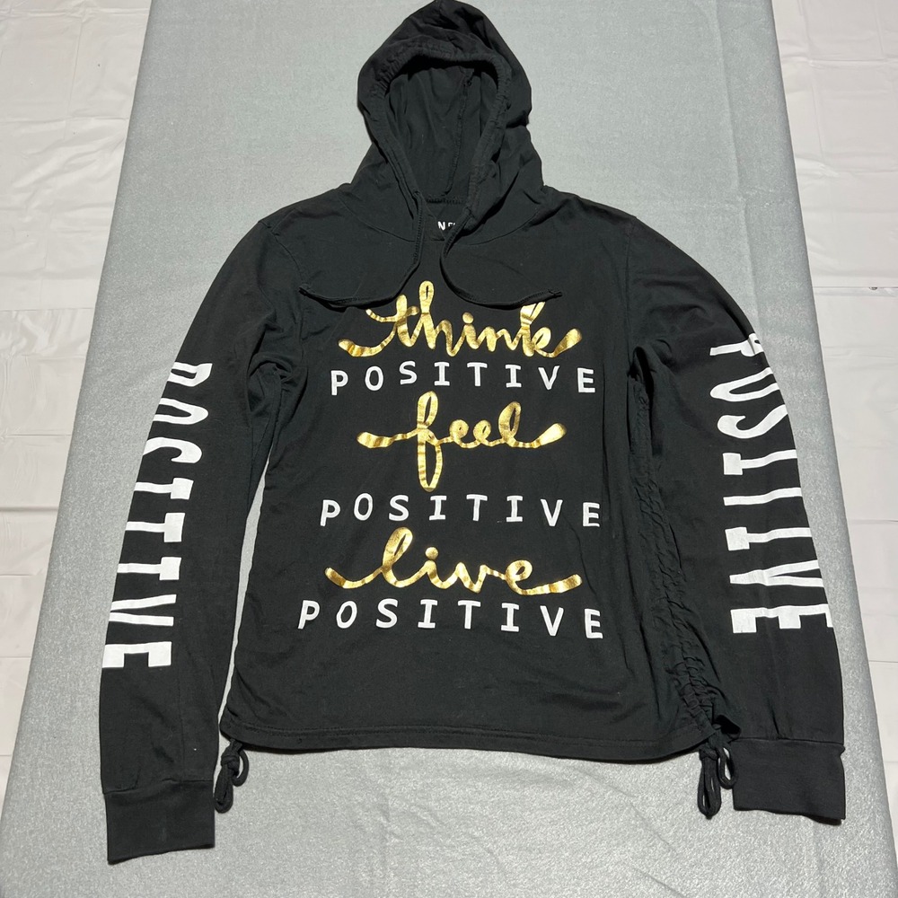 On Fire Womens Think Positive Graphic Hoodie Black Gold Foil Cotton Large
